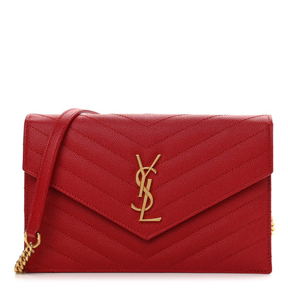 Saint Laurent Grain De Poudre Matelasse Chevron Monogram Envelope Chain Wallet New Red 1 of 12