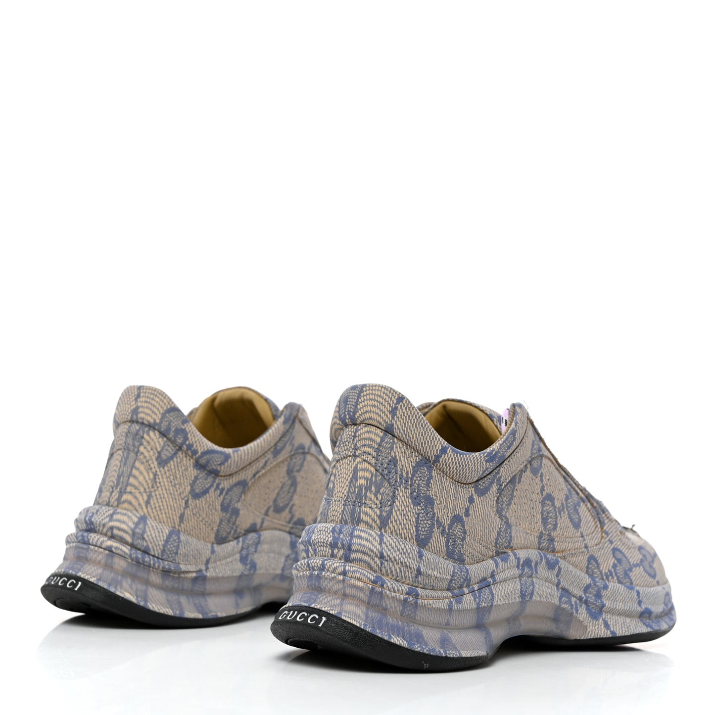 Ultralight Plume Calfskin Monogram Printed Womens Gucci Run Sneakers 37.5 Beige Blue