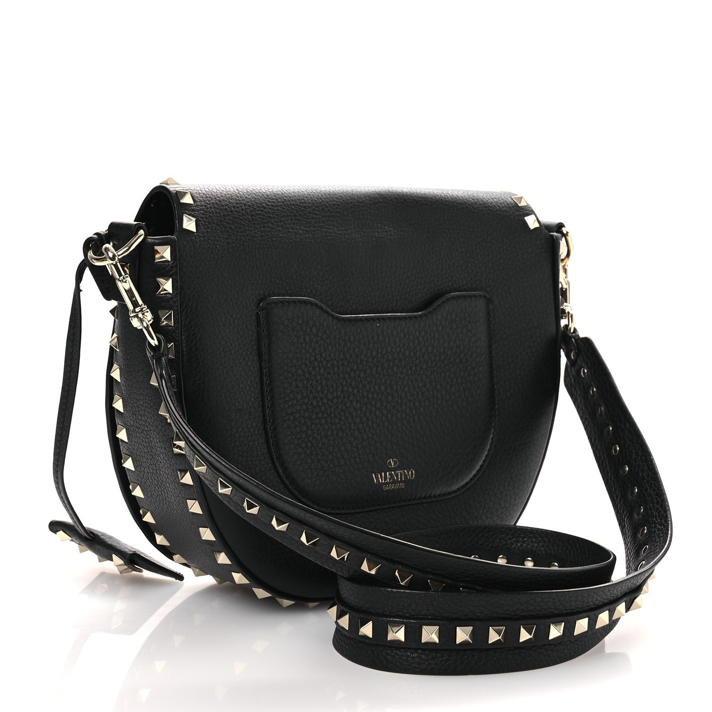 Grained Calfskin Rockstud Saddle Bag Black