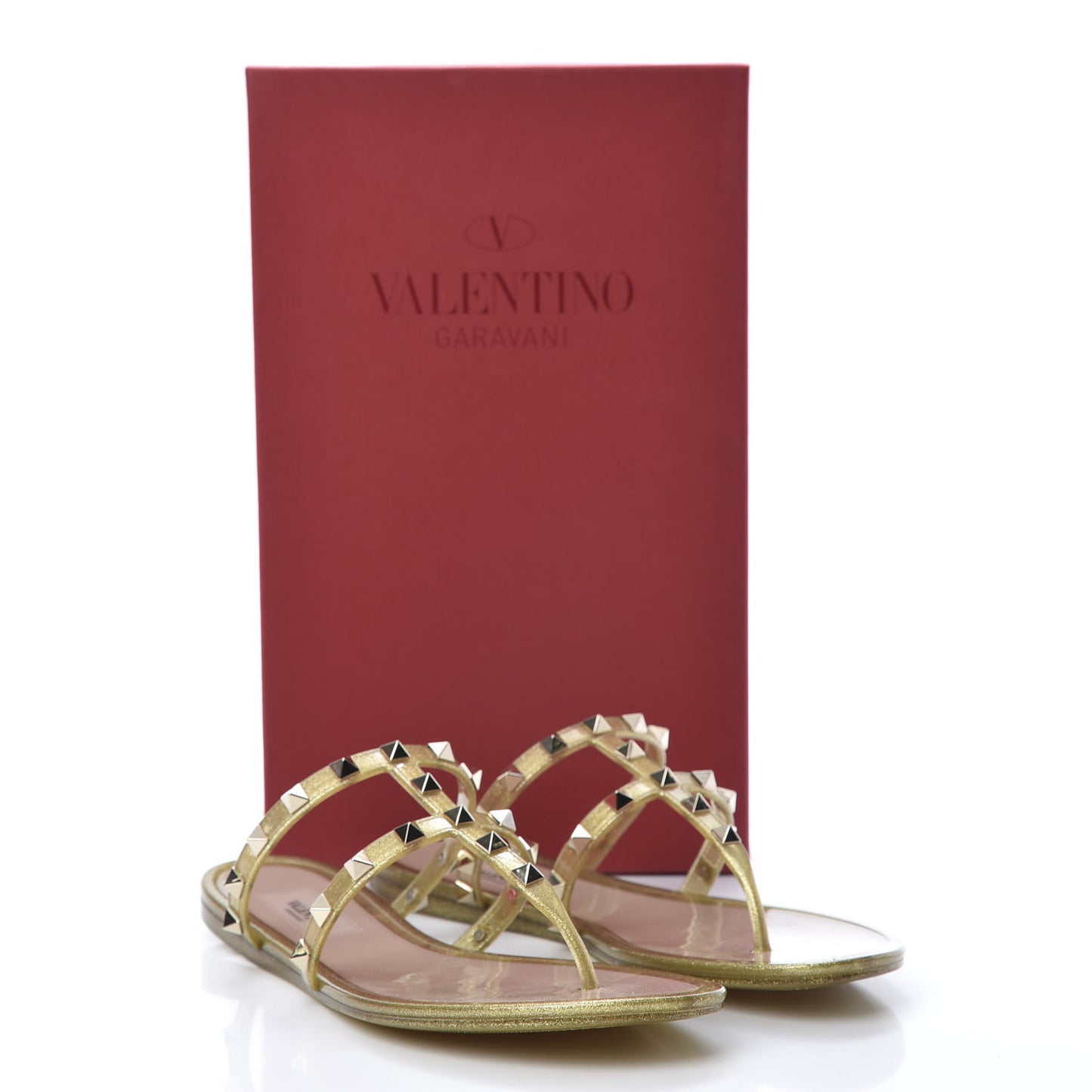 PVC Jelly Glitter Rockstud Caged Flat Thong Sandals 38 Oro