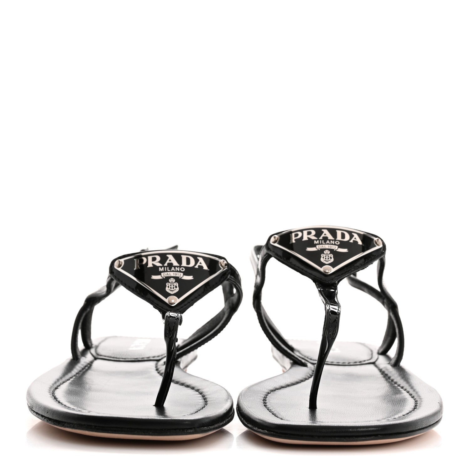 Prada Vernice Metal Triangle Logo Slingback Flat Thong Sandals 39 Black 3 of 10