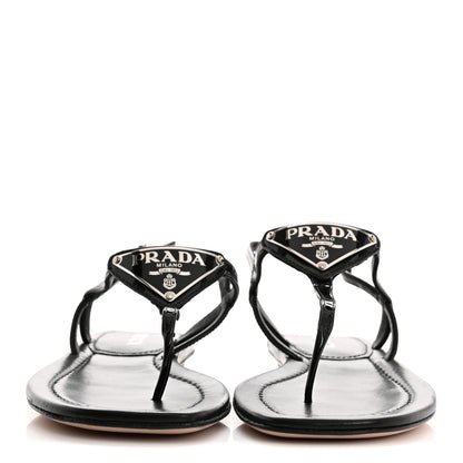 Prada Vernice Metal Triangle Logo Slingback Flat Thong Sandals 39 Black 3 of 10