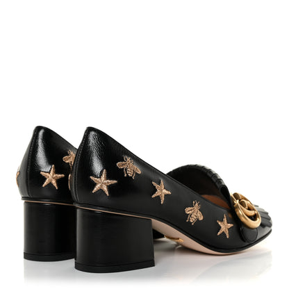 Gucci Quentin Goatskin Bee Star Embroidered GG Marmont Fringe 50mm Loafer Pumps 35 Black 4 of 10