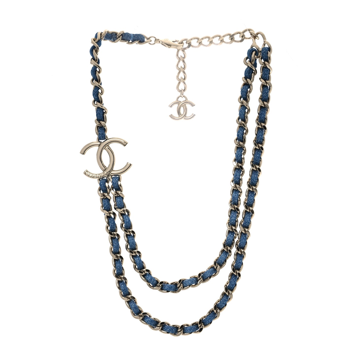 Metal Denim CC Double Chain Necklace Blue Gold