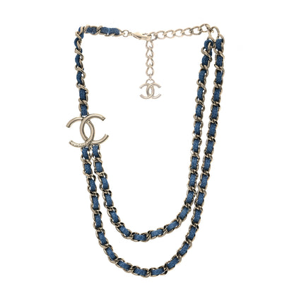 Chanel Metal Denim CC Double Chain Necklace Blue Gold 1 of 7