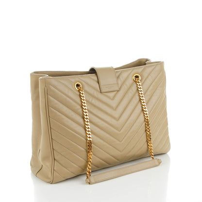 Saint Laurent Lambskin Matelasse Chevron Monogram Cassandre Shopper Dark Beige 3 of 8