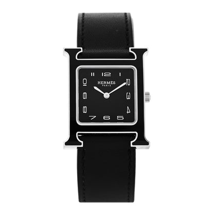 Hermes Stainless Steel Barenia Lacquer 26mm Heure H Hour Quartz Watch Noir 1 of 5