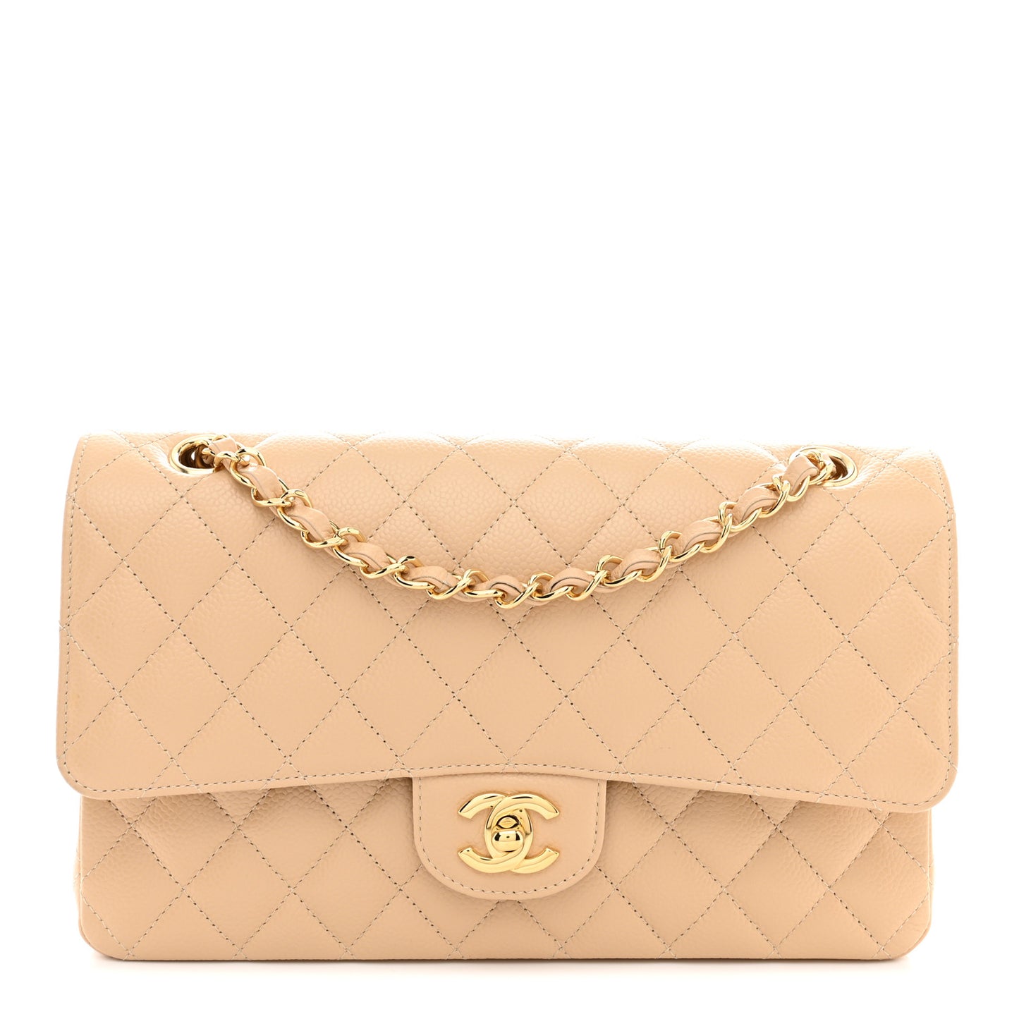 Caviar Quilted Medium Double Flap Beige
