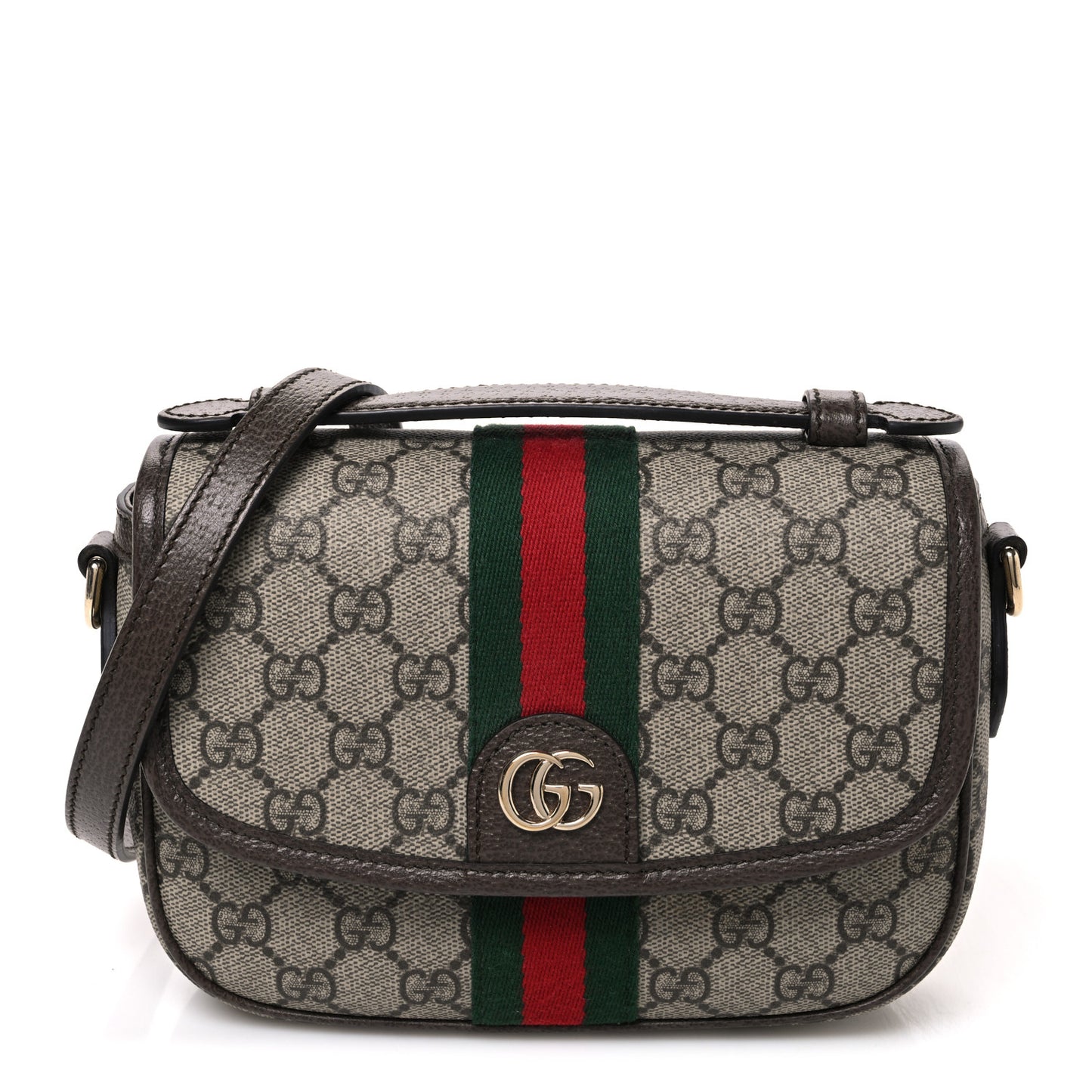 GG Supreme Monogram Textured Dollar Calfskin Small Ophidia Top Handle Shoulder Bag Beige Brown