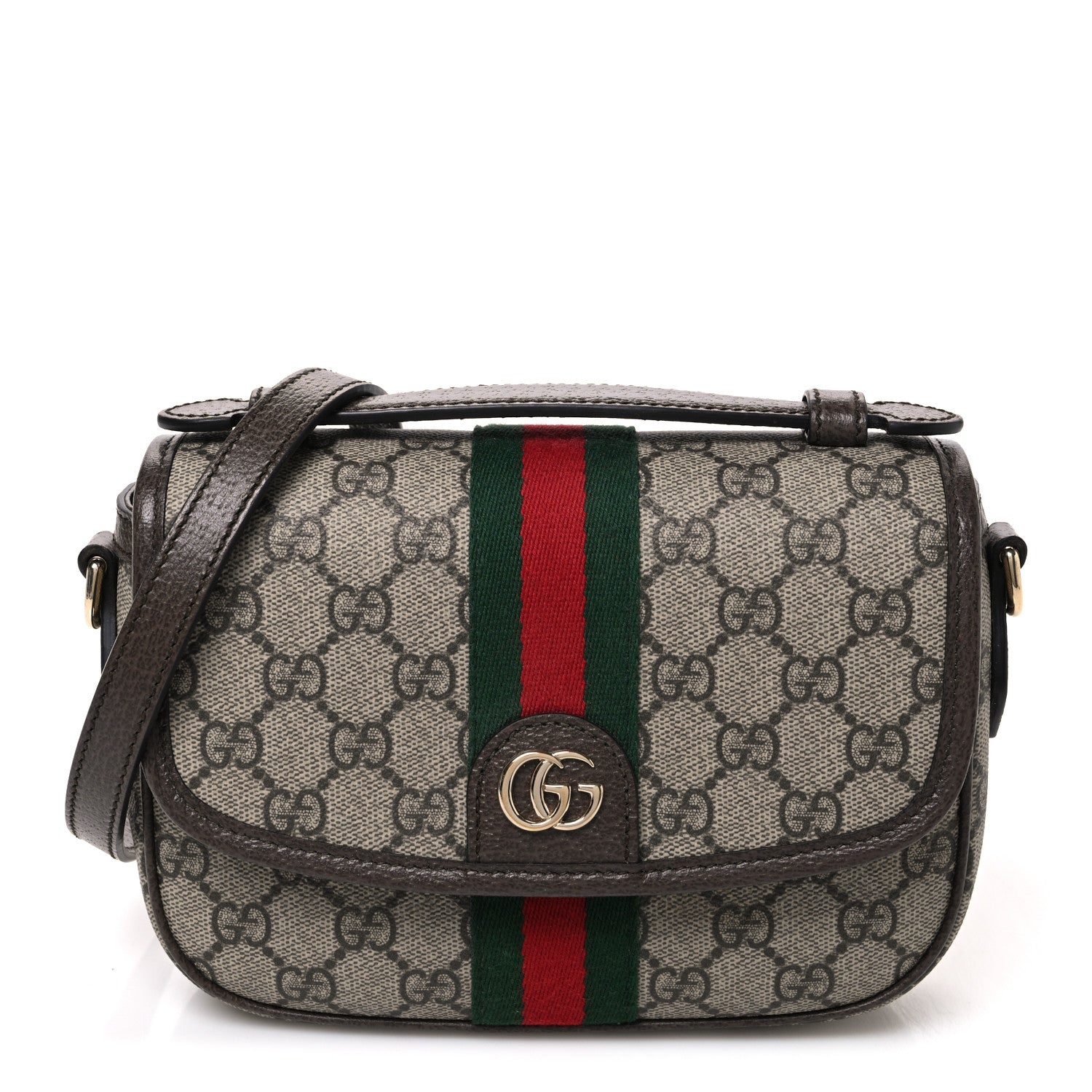 Gucci GG Supreme Monogram Textured Dollar Calfskin Small Ophidia Top Handle Shoulder Bag Beige Brown 1 of 10