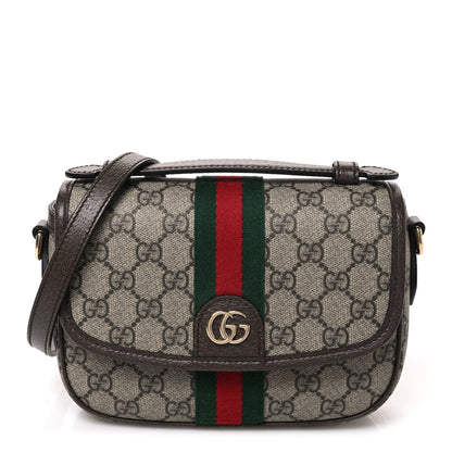 Gucci GG Supreme Monogram Textured Dollar Calfskin Small Ophidia Top Handle Shoulder Bag Beige Brown 1 of 10
