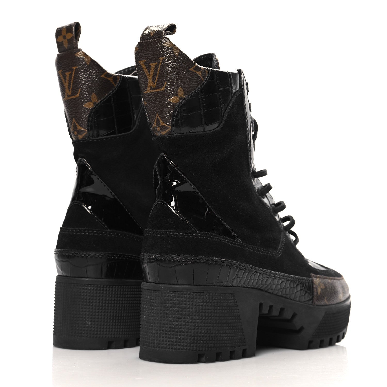 Louis Vuitton Suede Calfskin Crocodile Embossed Patent Monogram Laureate Platform Desert Boots 38 Black 5 of 10