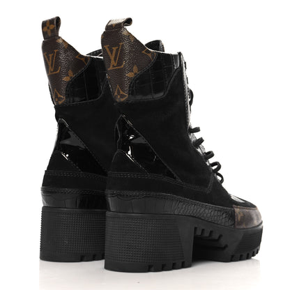 Louis Vuitton Suede Calfskin Crocodile Embossed Patent Monogram Laureate Platform Desert Boots 38 Black 5 of 10