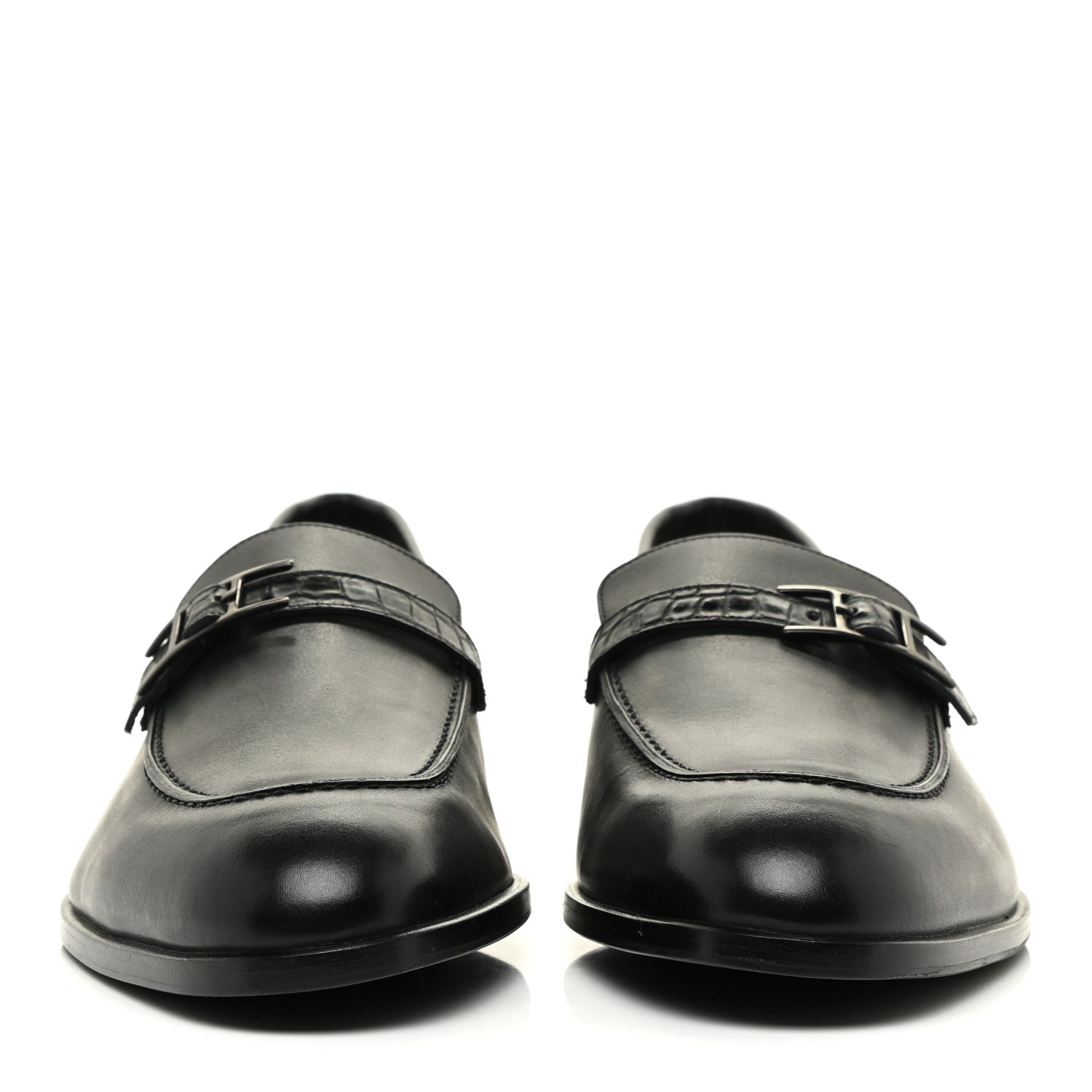 Hermes Calfskin Shiny Alligator Mens Monterey Loafers 44 Black 2 of 13