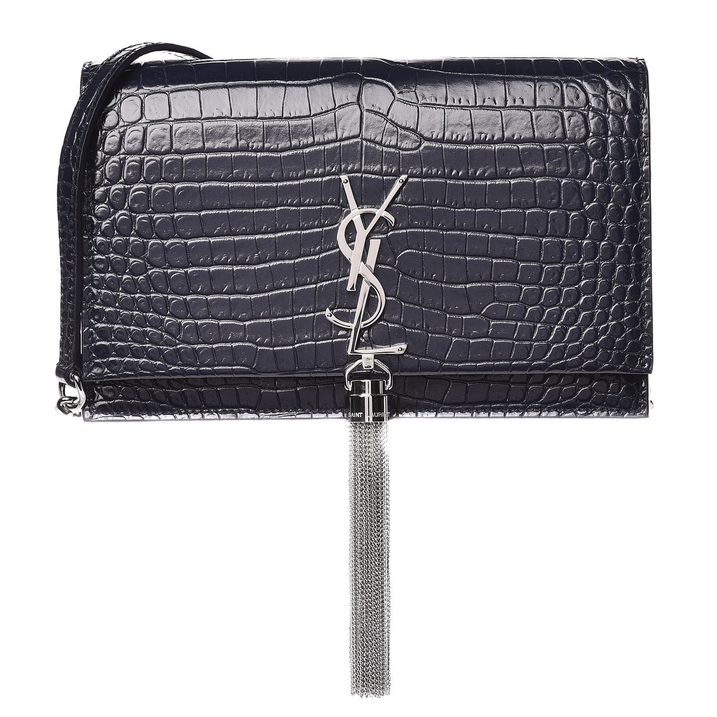 Calfskin Crocodile Embossed Kate Monogram Tassel Chain Wallet Deep Marine