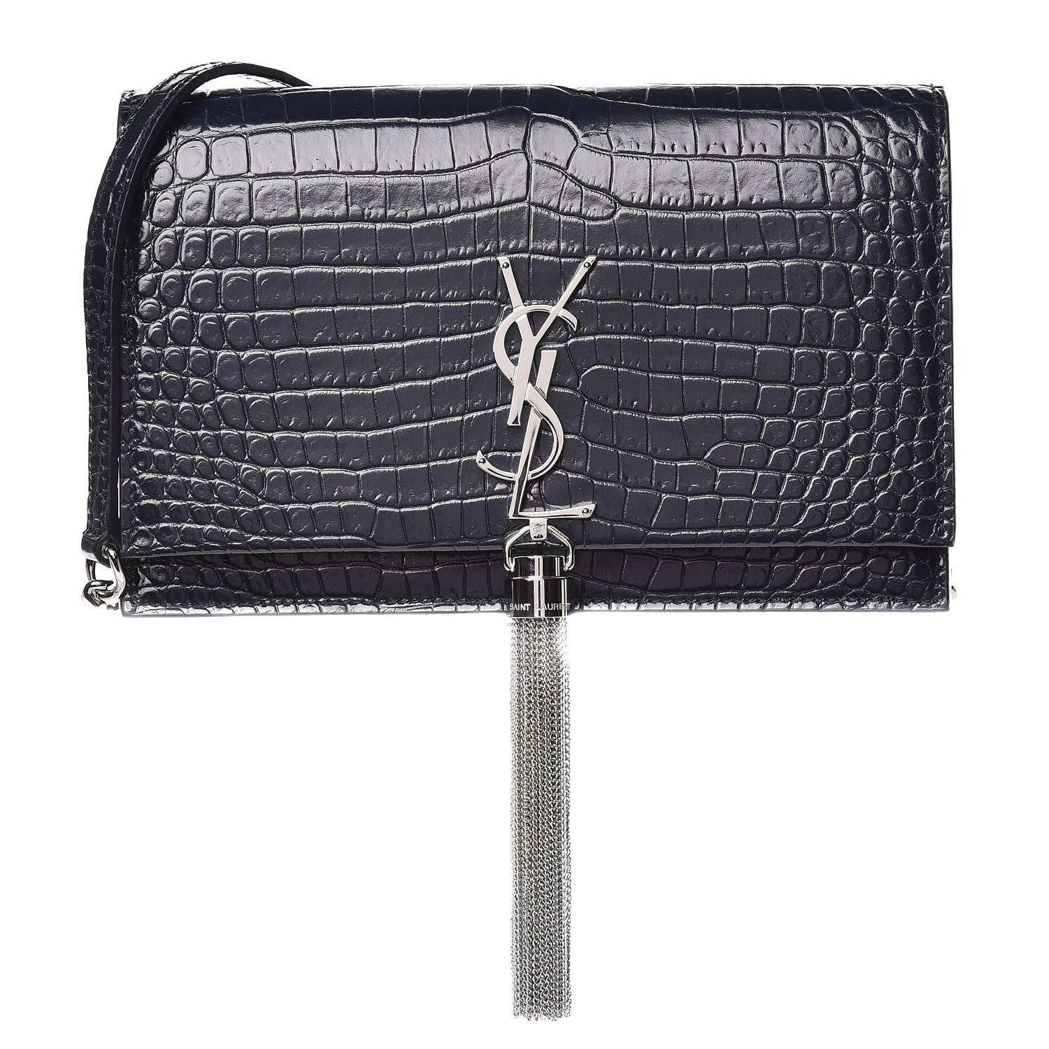Saint Laurent Calfskin Crocodile Embossed Kate Monogram Tassel Chain Wallet Deep Marine 1 of 9