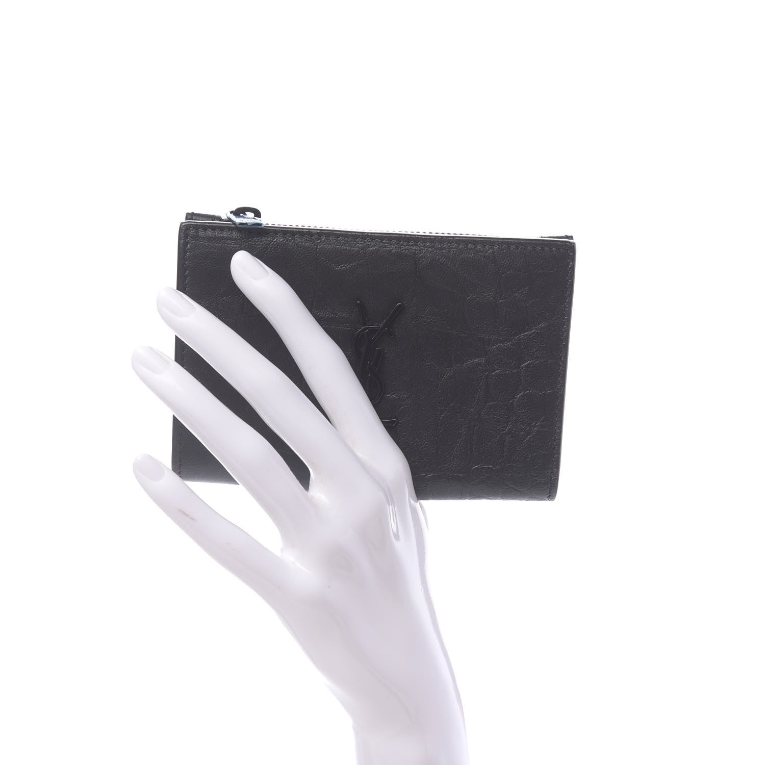 Saint Laurent Calfskin Crocodile Embossed Monogram Bi-Fold Zipped Wallet Black 2 of 8