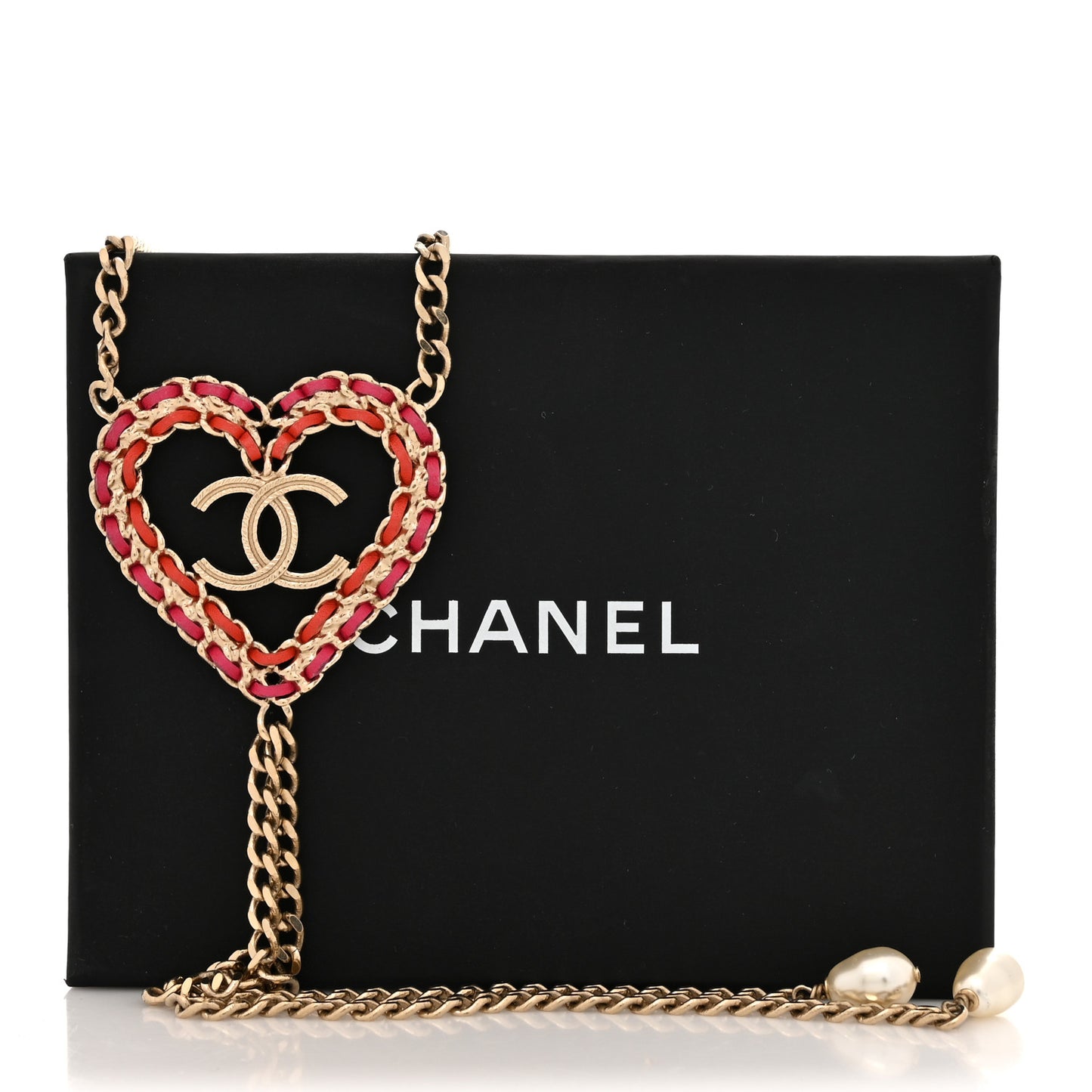 Lambskin Chain Pearl CC Heart Necklace Gold Red Pink Pearly White