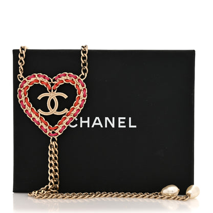 Chanel Lambskin Chain Pearl CC Heart Necklace Gold Red Pink Pearly White 5 of 5