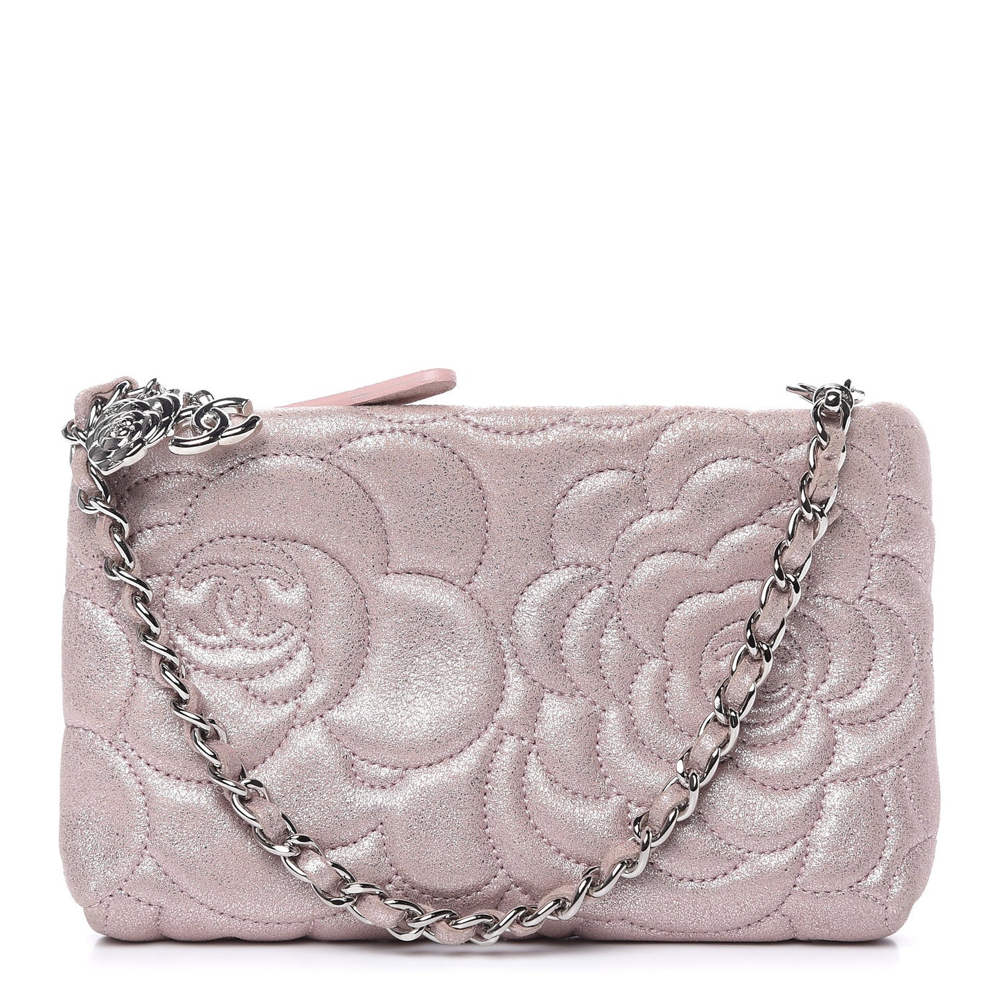 Metallic Goatskin Camellia Embossed Clutch Bag Pink