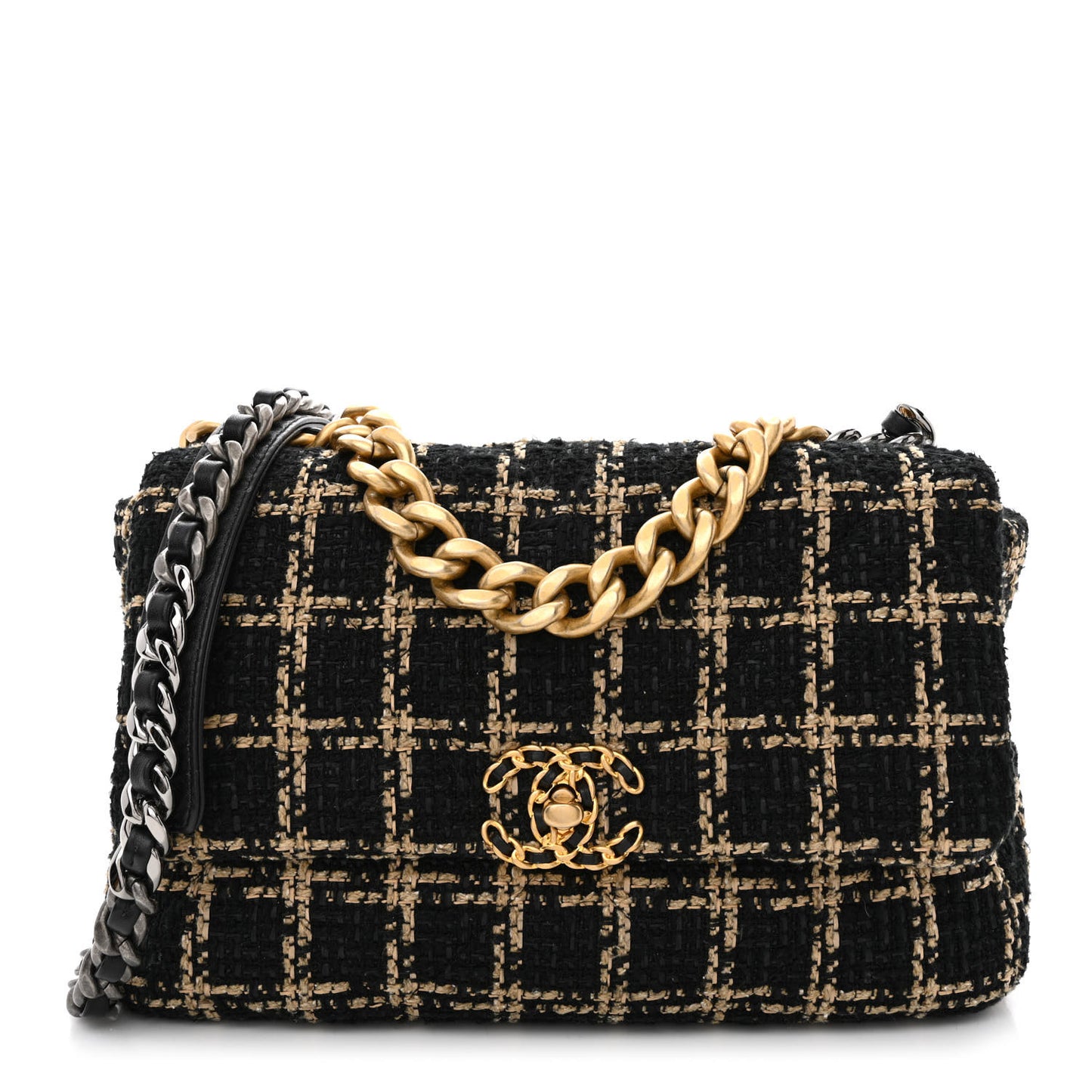 Tweed Quilted Large Chanel 19 Flap Black Beige