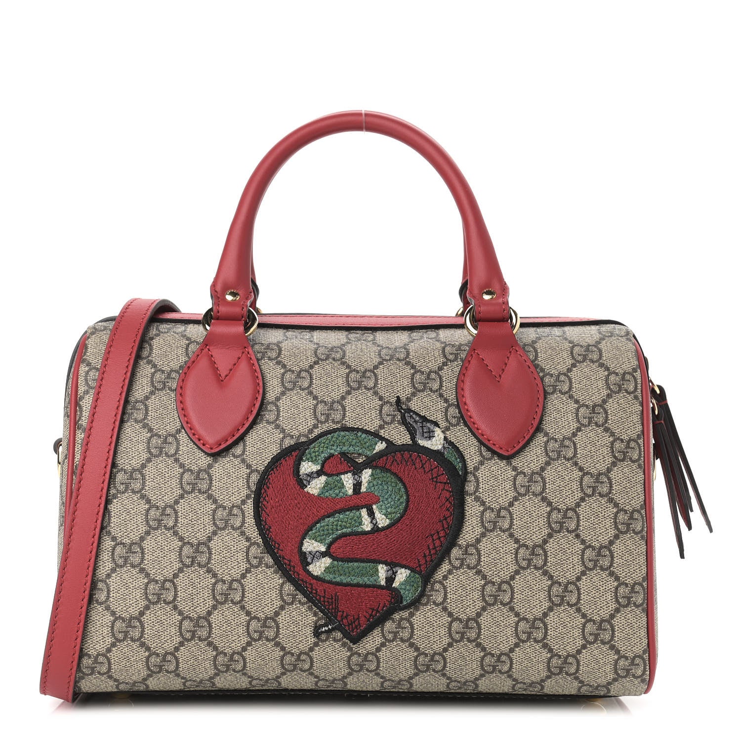 Gucci GG Supreme Monogram Kingsnake Heart Embroidered Small Boston Red 1 of 12