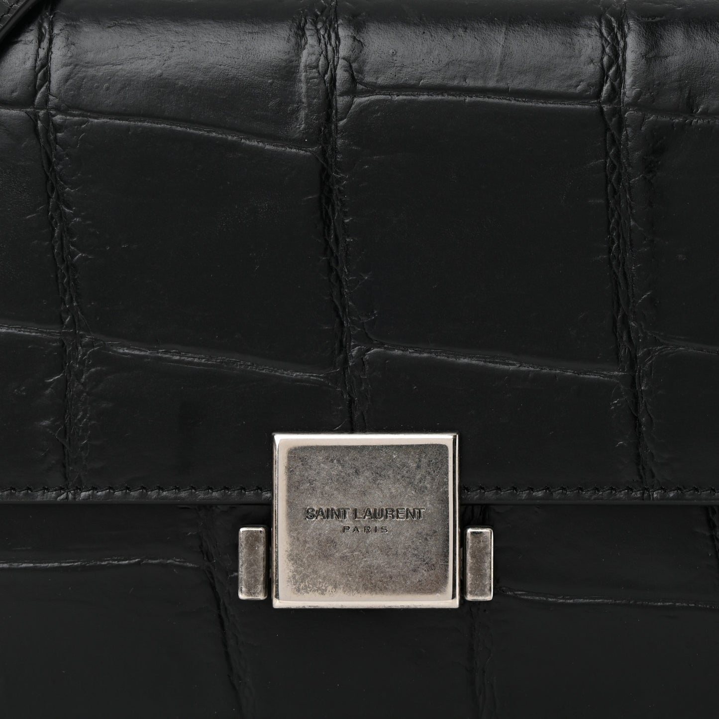 Calfskin Crocodile Embossed Medium Bellechasse Satchel Black