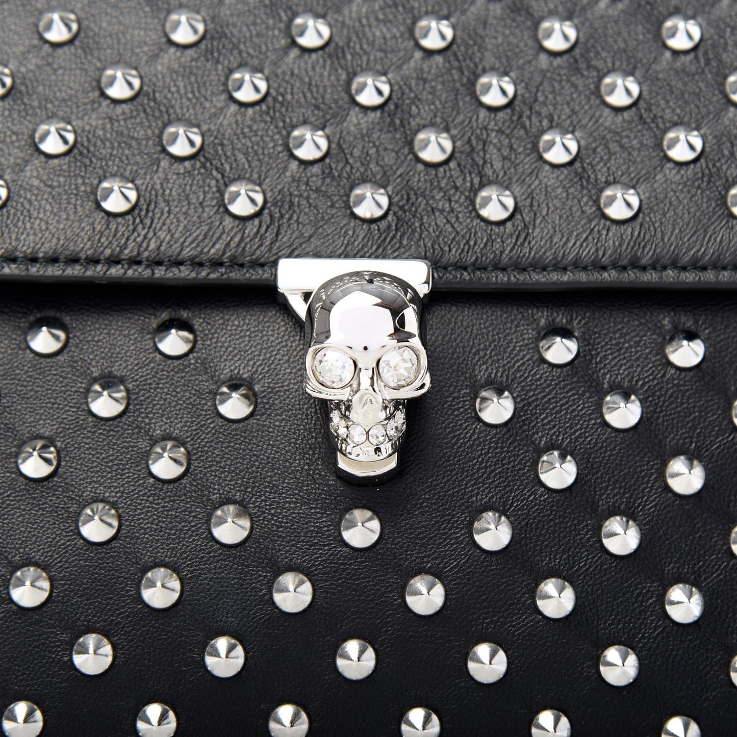 Grained Calfskin Studded Skull Envelope Clutch Black