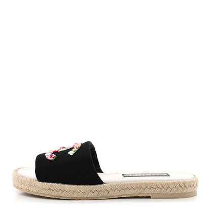 Chanel Canvas Embroidered CC Floral Espadrille Slip On Sandals 39 Black Multicolor 1 of 11
