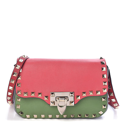 Valentino Garavani Vitello Colorblock Mini Rockstud Flap Saddle Crossbody Bag Deep Rose Green Grey Scarlet 1 of 15