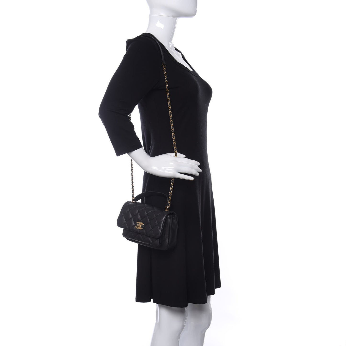 Calfskin Quilted Top Handle Flap Black