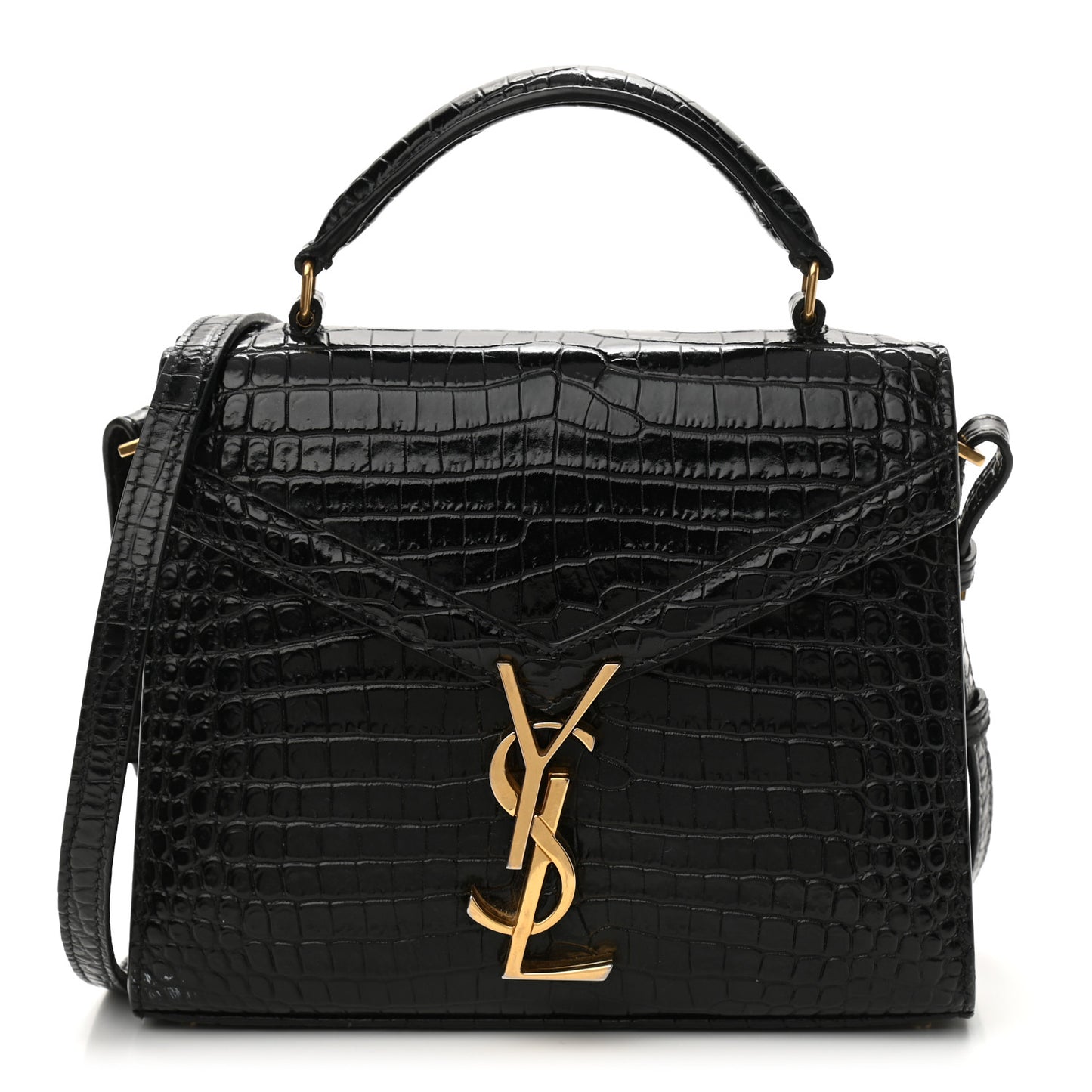 Calfskin Crocodile Embossed Mini Classic Monogram Cassandra Top Handle Black