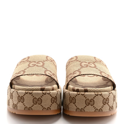 Gucci Monogram Maxi GG Angelina Platform 55mm Slide Sandals 38 Camel Ebony 2 of 9