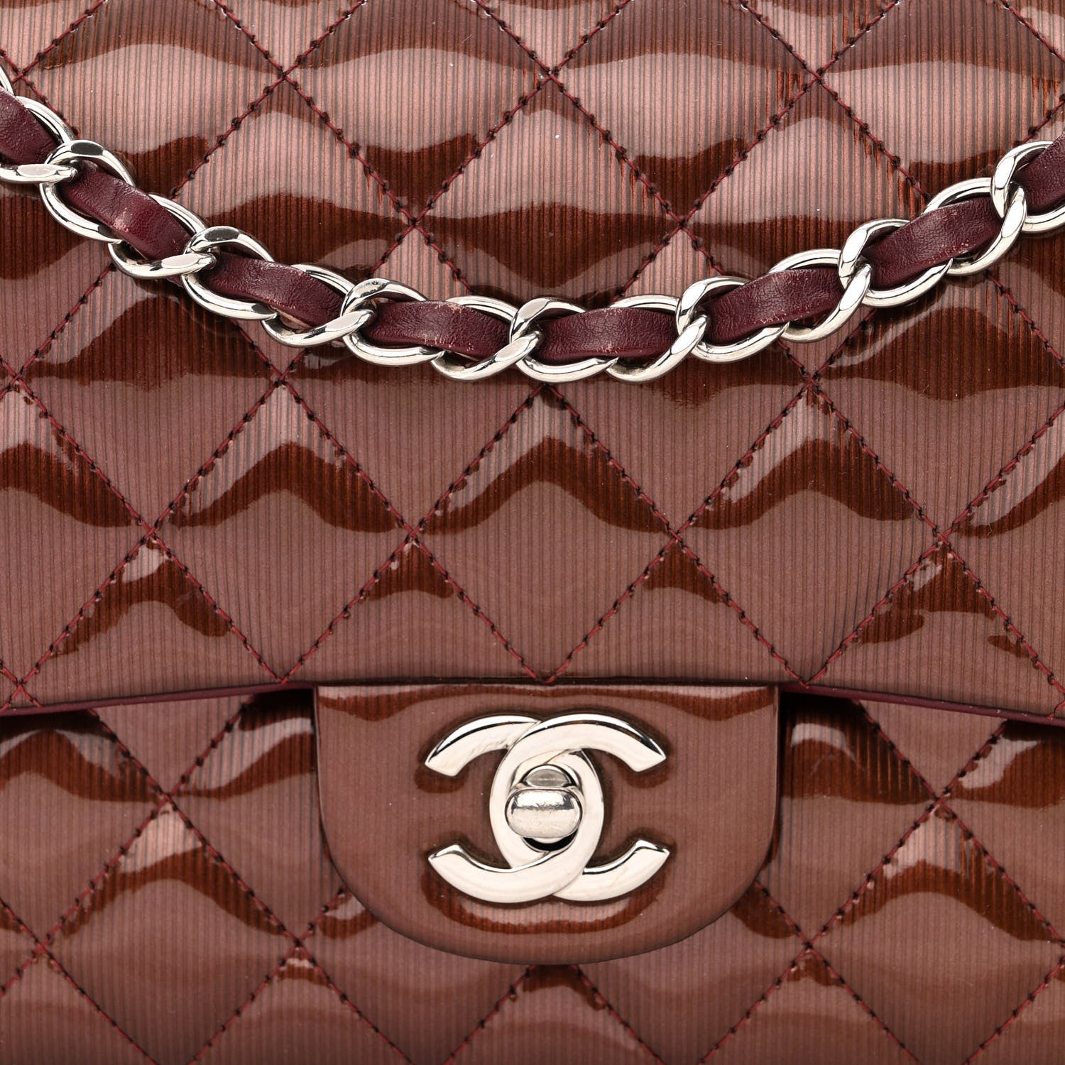 Chanel Striated Patent Quilted Medium Double Flap Burgundy 10 of 16
