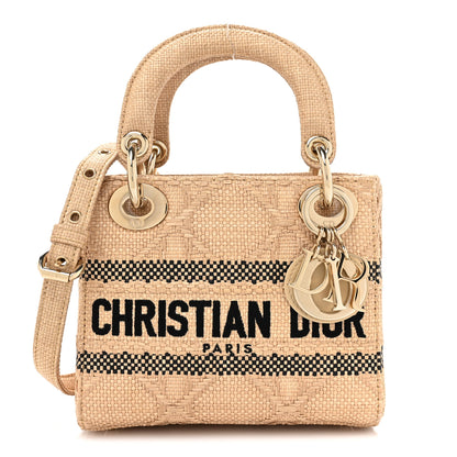 Christian Dior Raffia Woven Cannage Embroidered Mini Lady D-Lite Natural Black 1 of 10