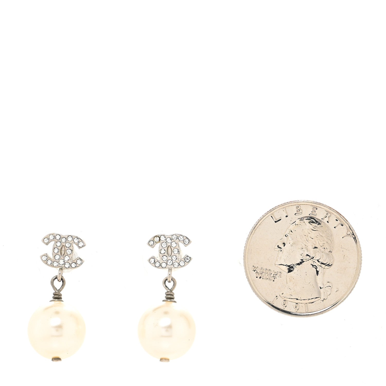 Chanel Crystal Pearl CC Drop Earrings Silver Pearly White 2 of 4