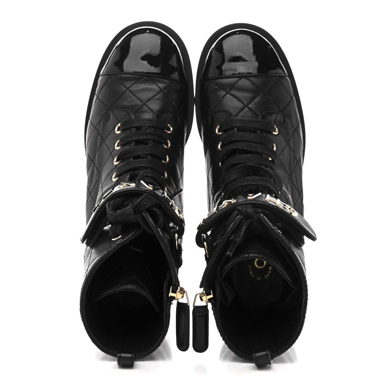 Chanel Lambskin Patent Calfskin Quilted Logo Lace Up Combat Boots 37 Black 2 of 11