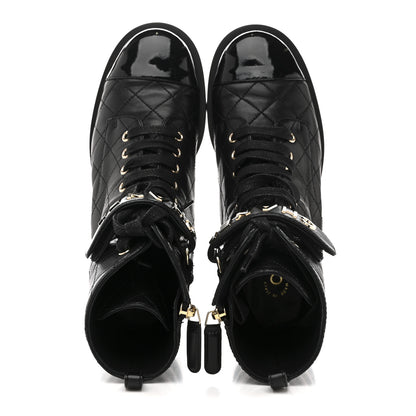Chanel Lambskin Patent Calfskin Quilted Logo Lace Up Combat Boots 37 Black 2 of 11