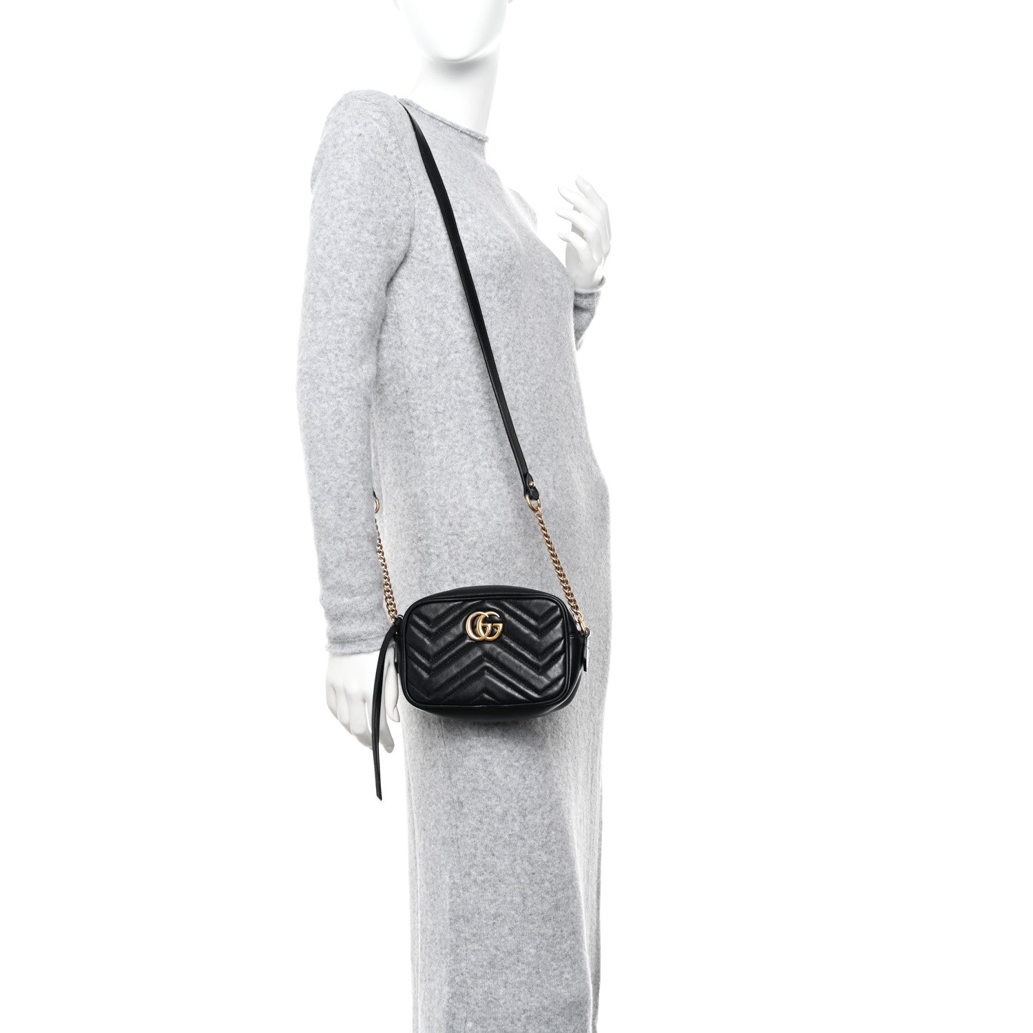 Gucci Calfskin Matelasse Mini GG Marmont Chain Shoulder Bag Black 2 of 12