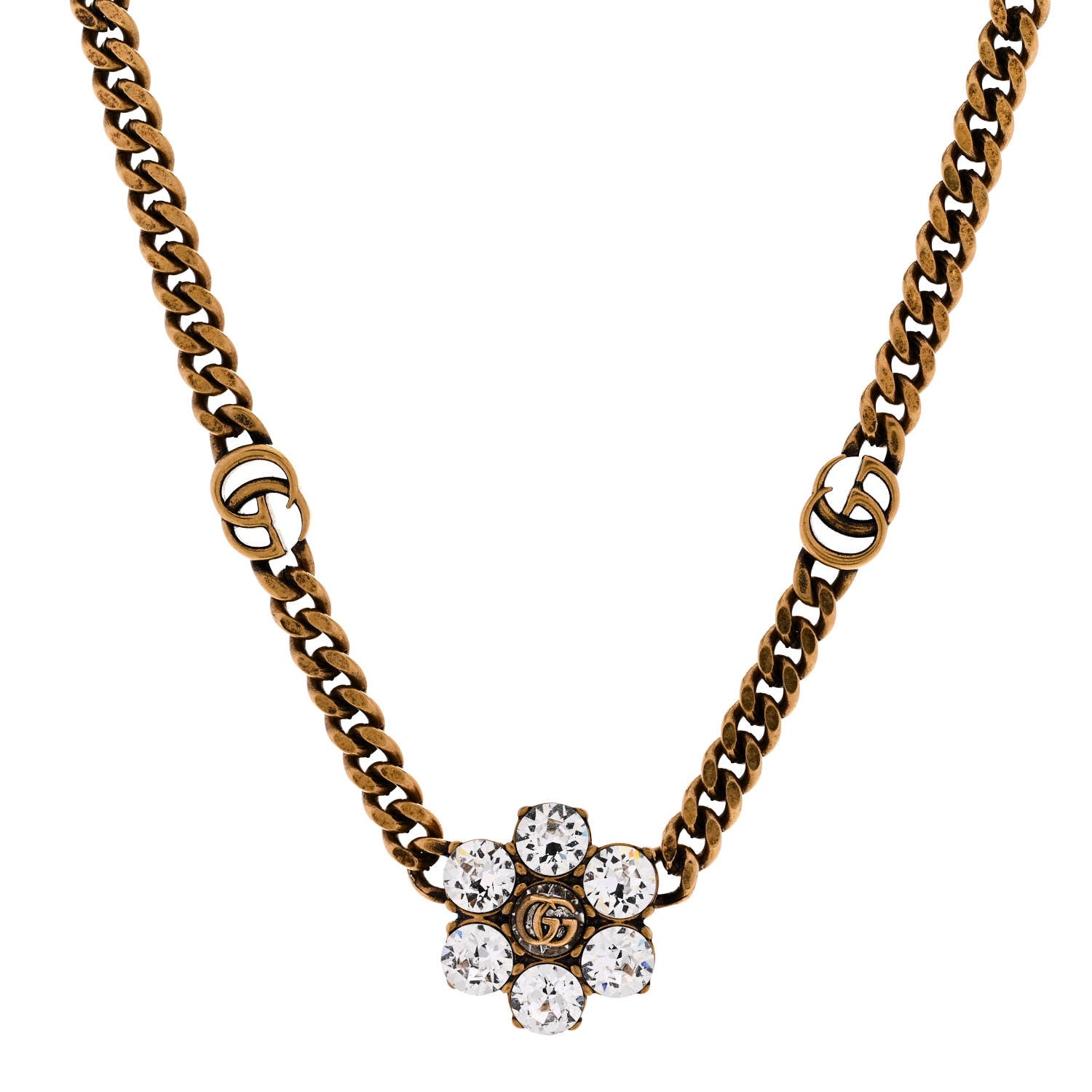 Gucci Metal Crystal Double G Necklace Aged Gold 1 of 6