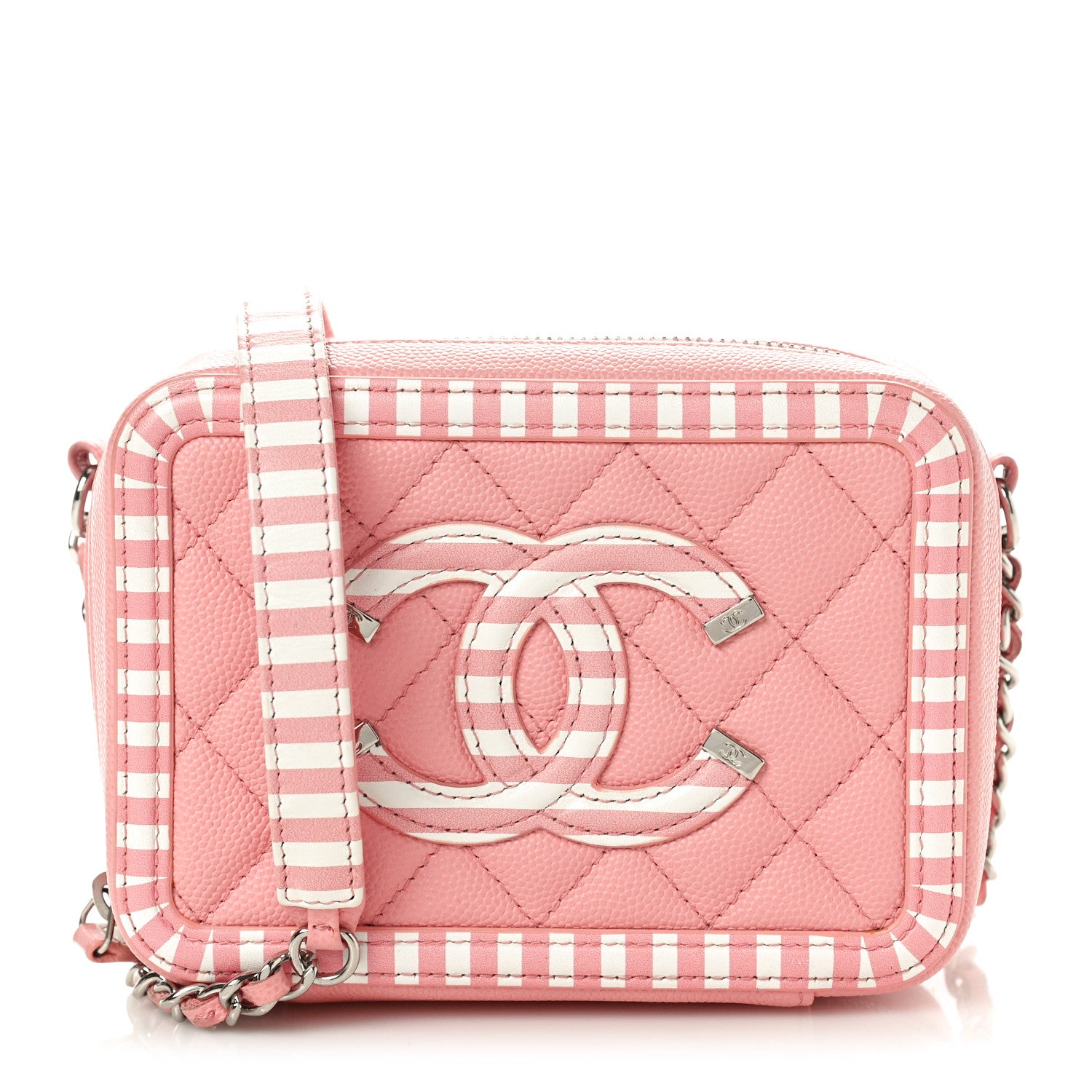 Chanel Caviar Quilted Striped CC Filigree Clutch With Chain Pink White 1 of 10