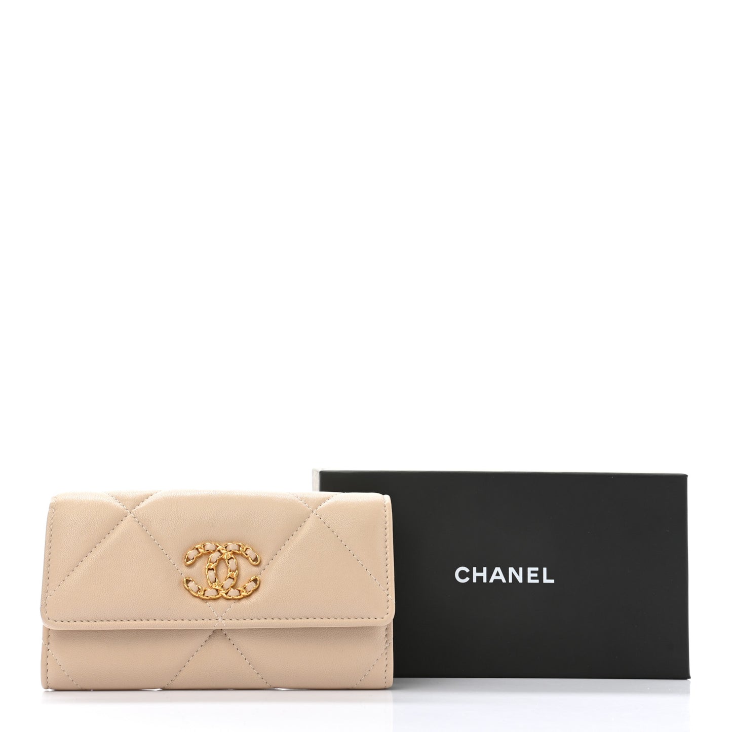 Shiny Goatskin Quilted Chanel 19 Flap Wallet Beige