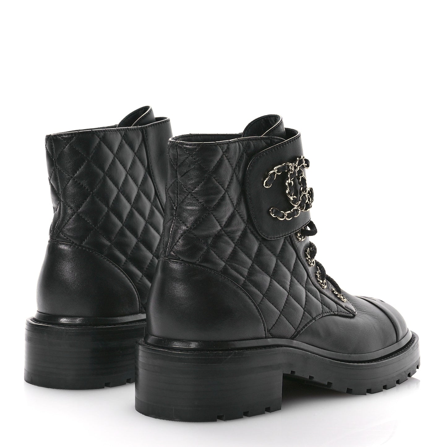 Shiny Calfskin Quilted Lace Up Combat Boots 38.5 Black