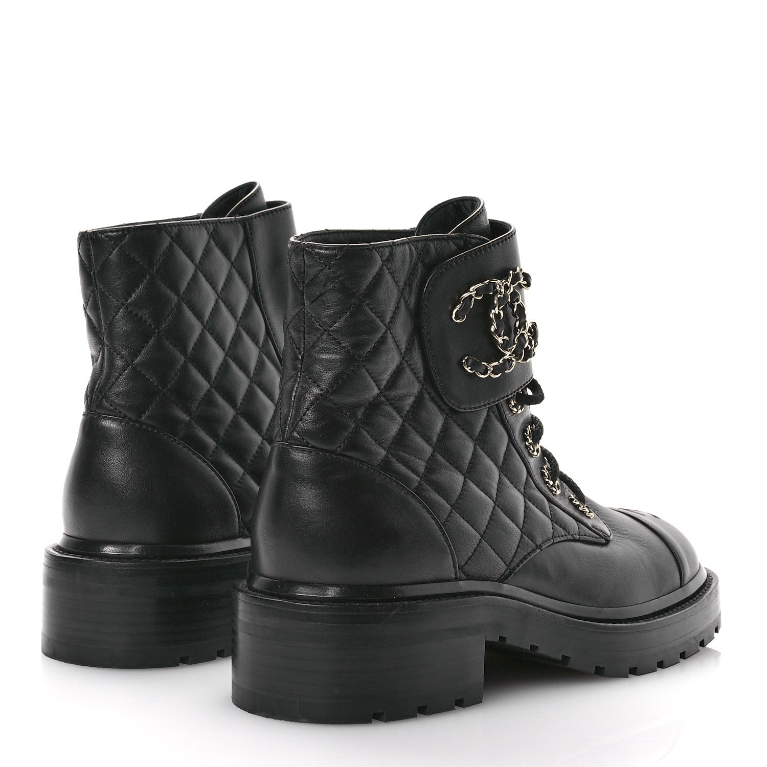 Chanel Shiny Calfskin Quilted Lace Up Combat Boots 38.5 Black 5 of 9