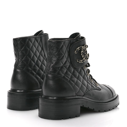 Chanel Shiny Calfskin Quilted Lace Up Combat Boots 38.5 Black 5 of 9