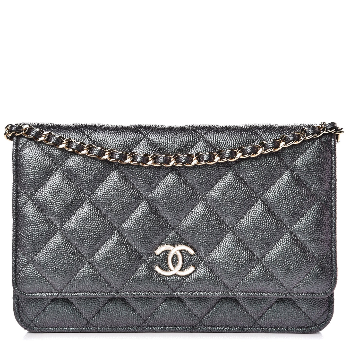 Iridescent Caviar Quilted Wallet On Chain WOC Black