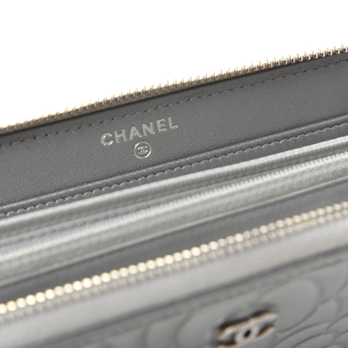 Metallic Lambskin Camellia Crystal Large Gusset Zip Around Wallet Silver