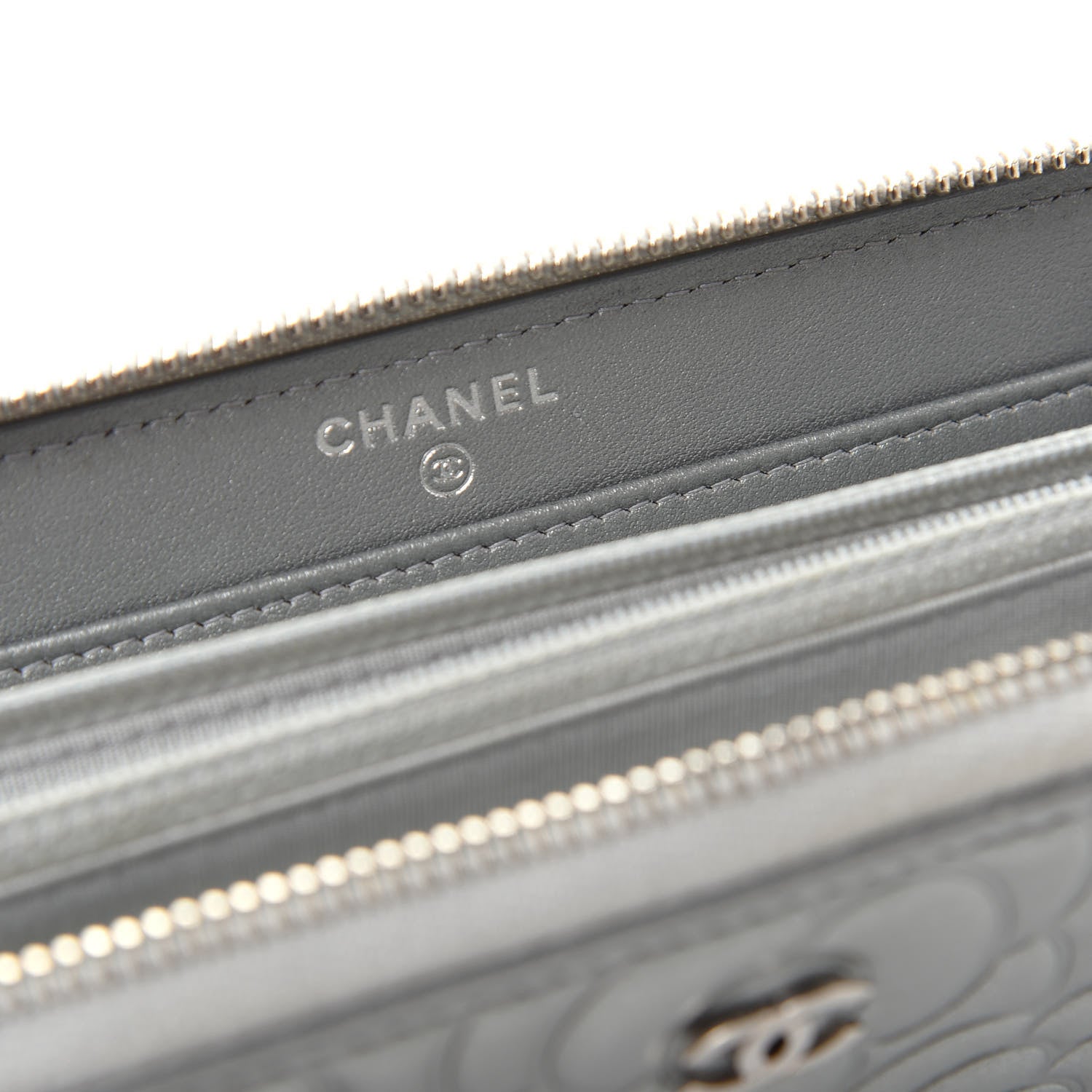 Chanel Metallic Lambskin Camellia Crystal Large Gusset Zip Around Wallet Silver 6 of 9