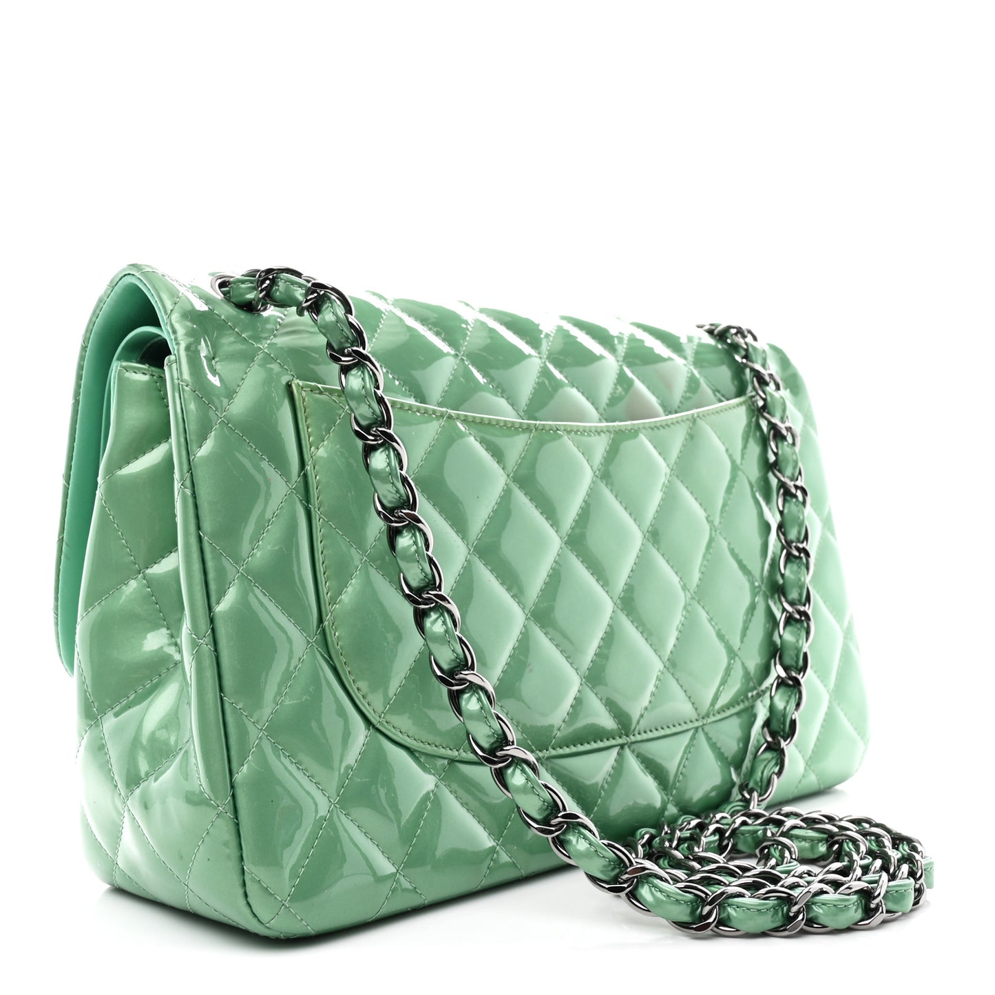 Patent Calfskin Quilted Jumbo Double Flap Green