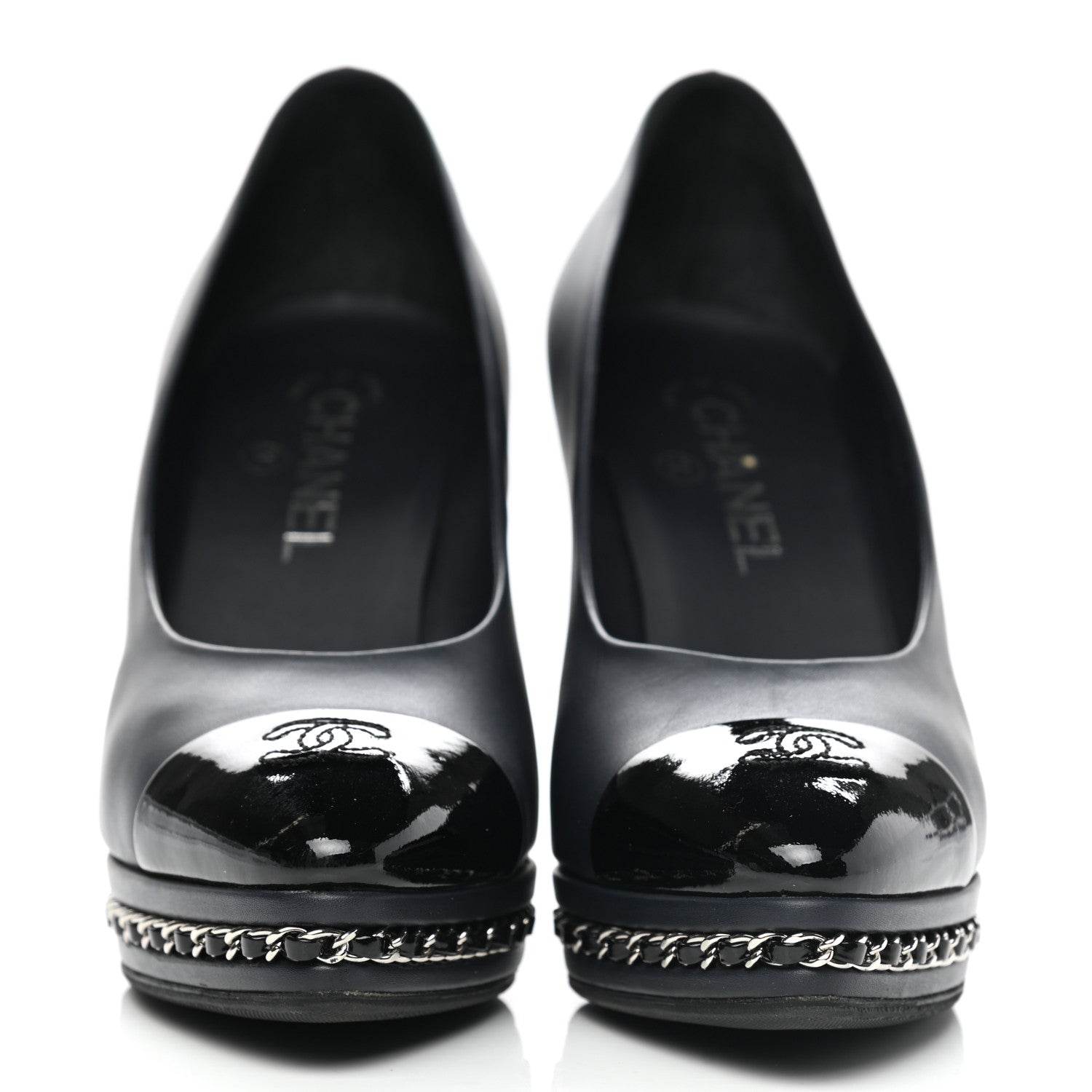 Chanel Calfskin Patent CC Cap Toe Platform Chain Pumps 39 Navy Black 2 of 9